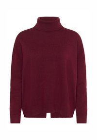 Pull à col roulé bordeaux, texture douce, coupe ample, épaules tombantes, col et poignets côtelés, fentes latérales à l'ourlet.