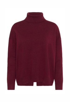 Pulover cu guler înalt bordo, textură moale, croială lejeră, design cu umeri căzuți, guler și manșete striate și fante laterale la tiv.