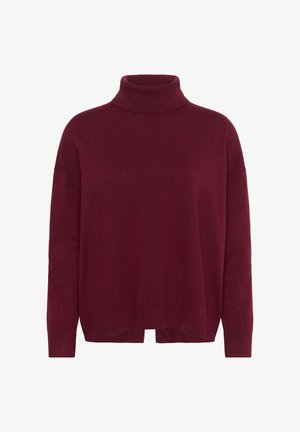 Vīnas krāsas augsta apkakle džemperis, mīksta tekstūra, brīvs piegrieziens, nolaižamas plecu līnijas dizains, ribotā apkakle un aproces, sānu šķēlumi apakšmalā.