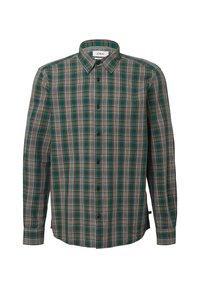 Camisa de cuadro en verde, naranja y blanco, de manga larga con botones, cuello y puños, colocada plana sobre un fondo blanco.