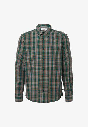 Zeleni, oranžni in beli karirasti srajčni dolg rokav s kragnami in manšetami, razprostrt na belem ozadju.