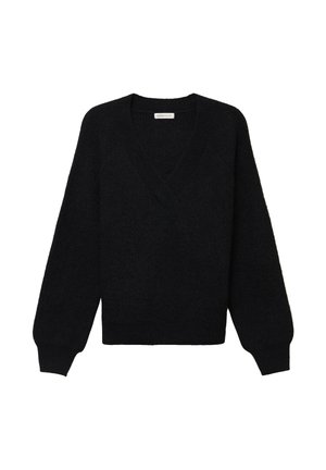 Zwarte, oversized trui met een V-hals, lange mouwen en een gestructureerde stof. Minimalistisch ontwerp, zonder zichtbare patronen of hardware.