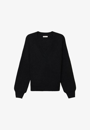 Maglione nero oversize con scollatura a V, maniche lunghe e tessuto testurizzato. Design minimalista, senza motivi visibili o elementi metallici.