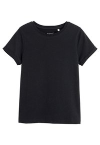 T-shirt nero a maniche corte realizzato in cotone. Presenta un collo tondo e cuciture arrotolate, con una consistenza liscia e senza motivi visibili.