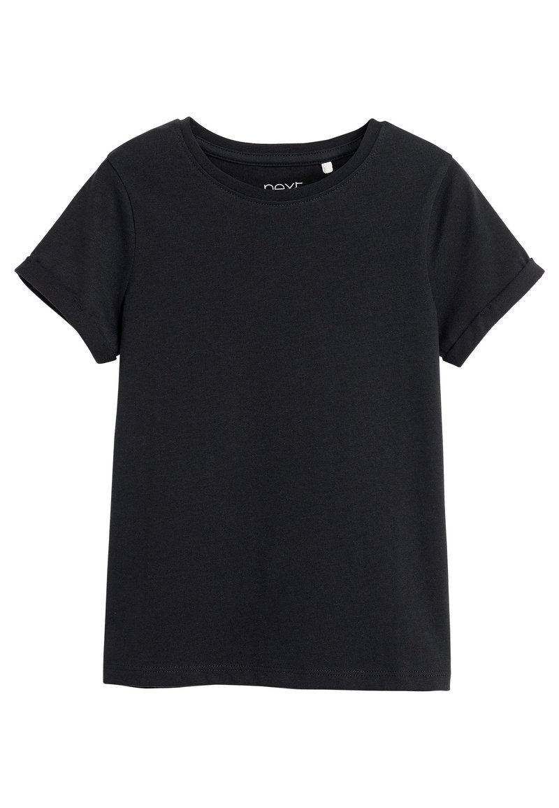 T-shirt nero a maniche corte realizzato in cotone. Presenta un collo tondo e cuciture arrotolate, con una consistenza liscia e senza motivi visibili.