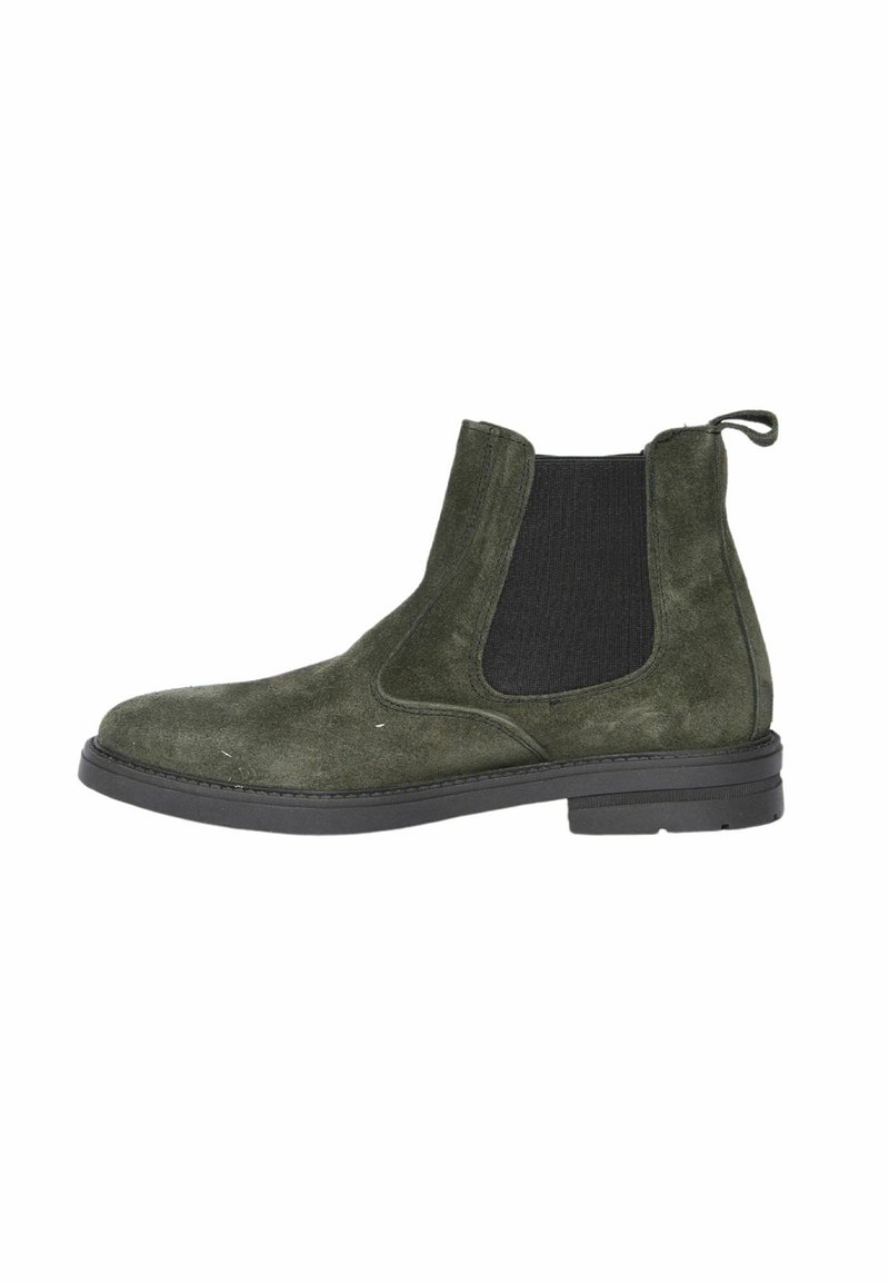 Stivale Chelsea verde in suede con pannello laterale elastico nero, suola nera e linguetta sul retro. Texture liscia e design con punta rotonda.