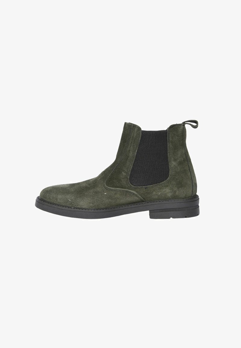 Stivale Chelsea verde in suede con pannello laterale elastico nero, suola nera e linguetta sul retro. Texture liscia e design con punta rotonda.