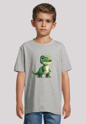 Gray cotton t-shirt featuring a colorful cartoon dinosaur graphic in green and cream. Short sleeves and crew neckline, casual fit.
