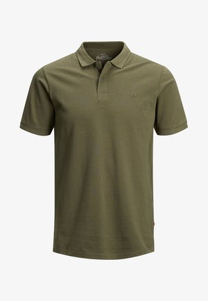 Olijfgroen poloshirt van katoen, met een kraag, een drie-knoopsluiting, korte mouwen en een klein logo op de borst.