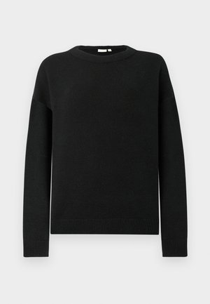 Maglione nero a maniche lunghe con collo rotondo, con polsini e orlo ribattuti, esposto su uno sfondo grigio chiaro uniforme.