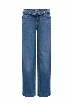 Jean en denim bleu clair à jambes larges avec une taille haute, doté de passants pour ceinture, quatre poches, et une fermeture éclair. Détail de couture distinctif.