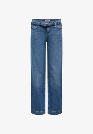 Jean en denim bleu clair à jambes larges avec une taille haute, doté de passants pour ceinture, quatre poches, et une fermeture éclair. Détail de couture distinctif.
