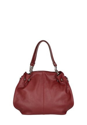 Rode leren handtas met een afgeronde vorm, twee korte handvatten en zilverkleurige metalen accenten. Zachte textuur, met geplooide zijkanten en stikseldetails.