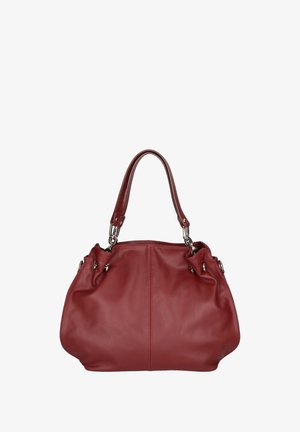 Borsa a mano in pelle rossa con una forma arrotondata, due manici corti e dettagli in metallo argentato. Texture morbida, con i lati arricciati e cuciture decorative.