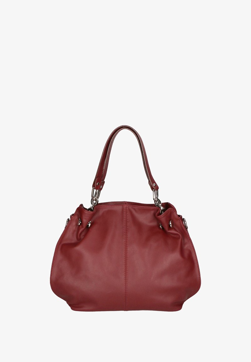 Rode leren handtas met een afgeronde vorm, twee korte handvatten en zilverkleurige metalen accenten. Zachte textuur, met geplooide zijkanten en stikseldetails.