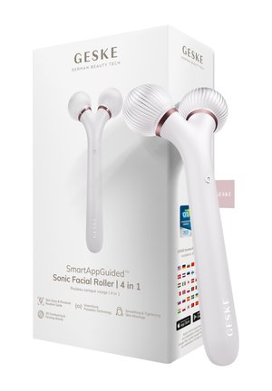 Sonic gezichtsroller met twee getextureerde ronde koppen en lange handgreep, getoond naast witte doosverpakking met productdetails en merknaam.