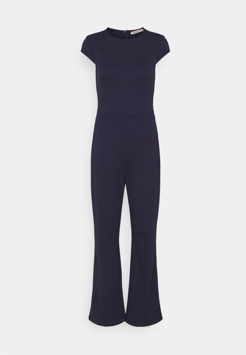 Combinaison bleu marine à manches courtes, taille cintrée, jambes larges et encolure ronde, présentée sur un fond blanc.
