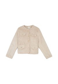 Veste beige duveteuse à manches longues avec un col rond, quatre poches à rabat boutonnées et des boutons dorés sur le devant.