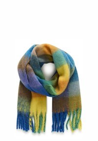 Flerfarvet tørklæde med overlappende firkanter i blå, gul, grøn og orange. Blød tekstur med frynser i enderne.