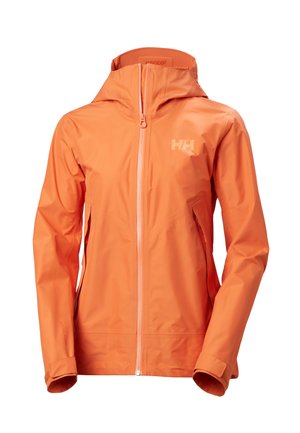 Oranžová voděodolná bunda s přiléhavým střihem, plný zip a nastavitelná kapuce. Má hladkou texturu a decentní logo na hrudi.