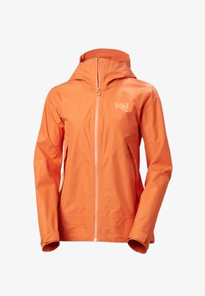 Pomarańczowa wodoodporna kurtka o dopasowanym kroju, z pełnym zamkiem błyskawicznym i regulowanym kapturem. Charakteryzuje się gładką fakturą i subtelnym logo na piersi.