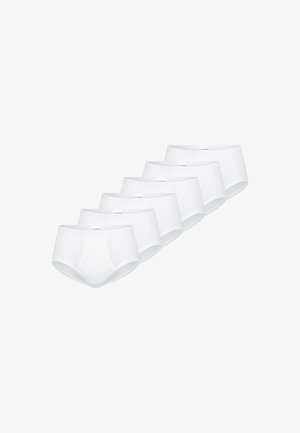 Ensemble de sous-vêtements blancs type slip, en mélange de coton lisse, avec taille élastique et design sans coutures, disposé en rangée. Six pièces présentées.