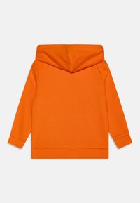 Sudadera con capucha naranja, con puños y dobladillo de canalé. Presenta una textura suave y un corte recto, ideal para un uso informal.