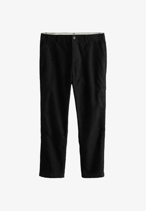 Black corduroy pants with a straight-leg design. Features front pockets, a button closure, and a textured fabric. Classic and durable.