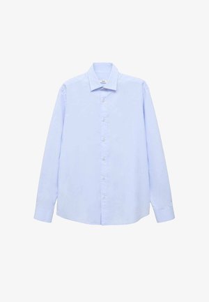 Svetlo modrá dlhá košeľa s dlhým rukávom vyrobená z bavlny, s gombíkmi po celej dĺžke, klasickým golierom a voľným strihom.