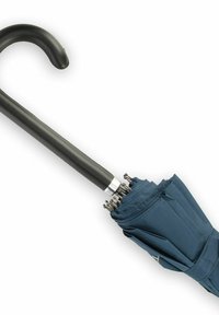 Blue folding umbrella with a curved black handle, metal frame, and lightweight fabric canopy. Compact, suitable for travel and easy storage.