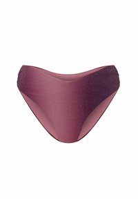 Bikini dolne w gradientowym odcieniu fioletu, z błyszczącą teksturą i wysokim stanem, z gładkimi krawędziami oraz subtelnymi fałdami po bokach.