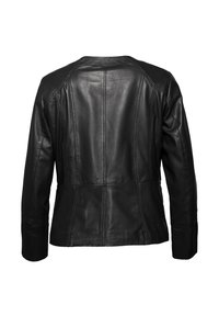 Schwarze Lederjacke mit tailliertem Design, glatter Textur, sichtbaren Nähdetails und langen Ärmeln. Die Rückansicht zeigt keine Verschlüsse.