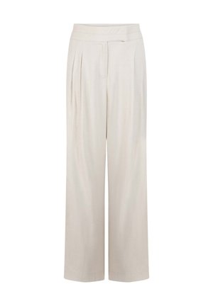 Lichtbeige wijde broek met een platte voorkant, geplooid ontwerp en een gladde textuur. Bevat een tailleband met een zijdetail voor het strikje.