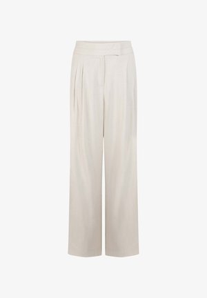 Lichtbeige wijde broek met een platte voorkant, geplooid ontwerp en een gladde textuur. Bevat een tailleband met een zijdetail voor het strikje.