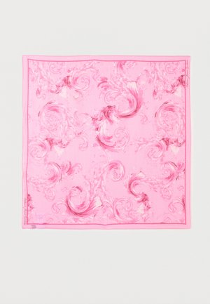 Ροζ τετράγωνο μαντήλι με πιο σκούρα ροζ διακοσμητικά στροβιλιστά λουλουδάτα σχέδια και λεπτό ροζ περίγραμμα.