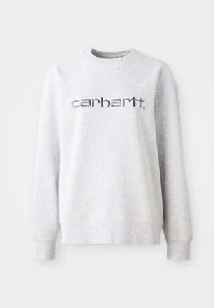 Grå bomullssweatshirt med rund hals, ribbestrikkede mansjetter og en stor, reflekterende "carhartt"-logo på forsiden.