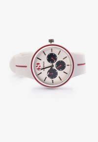White silicone watch with a silver and red bezel, featuring three black sub-dials and a simple hour and minute hand design.