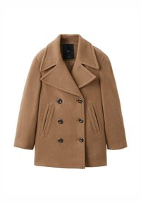 Cappotto doppiopetto marrone con ampie rever, realizzato in tessuto strutturato. Presenta due tasche anteriori e grandi bottoni neri.