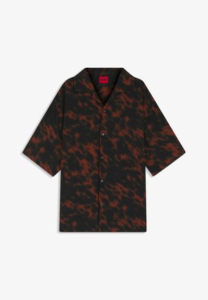 Short-sleeve button-up shirt with black and dark red abstract pattern and a small red label inside the collar.
