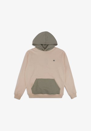 Helles rosa Kapuzensweatshirt mit einer kontrastierenden dunkelgrünen Kapuze und Tasche. Mit einem kleinen Elefantenlogo auf der Brust. Aus Baumwollmaterial.