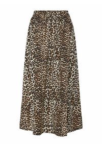 Leparda raksta svārki ar mīkstu audumu, elastīgu jostu, vidēja garuma dizainu un plūstošu siluetu tumši brūnā un bēša krāsā.