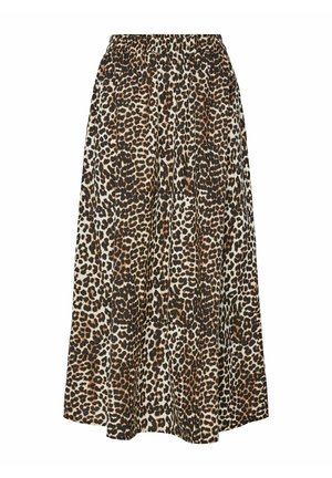 Leopard print skirt featuring a soft fabric, elastic waistband, mid-length design, and a flowing silhouette with dark brown and beige tones.