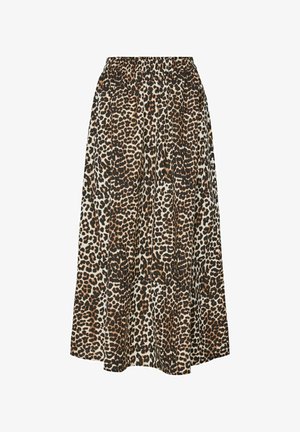 Leopard print skirt featuring a soft fabric, elastic waistband, mid-length design, and a flowing silhouette with dark brown and beige tones.