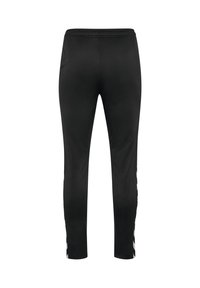 Sorte træningsbukser med slim fit, der har en glat overflade og hvide side-striber. Elastisk talje for komfort og fleksibilitet.