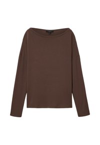 Top marrone a maniche lunghe con scollo largo e rotondo e spalle scese. Tessuto morbido e leggero con una texture liscia. Design semplice e minimalista.