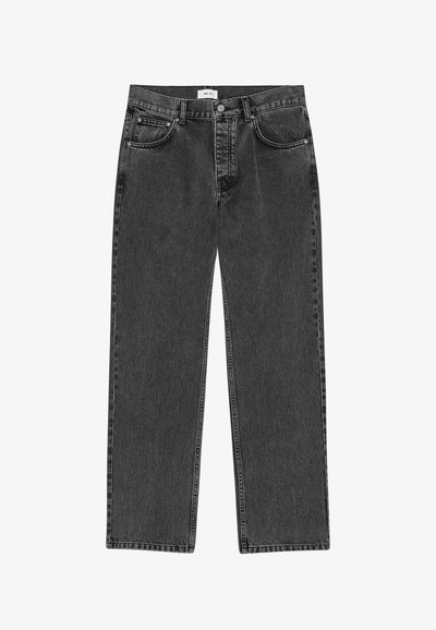 Svarta denimjeans med rak passform. Egenskaper inkluderar en knappgylft, fem fickor och kontrasterande sömmar. Slät textur, minimalt slitage.