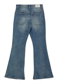 Jeans a zampa d'elefante di colore blu, realizzati in denim, con vita media, tasche posteriori, texture sbiadita e dettagli cuciti lungo le cuciture.