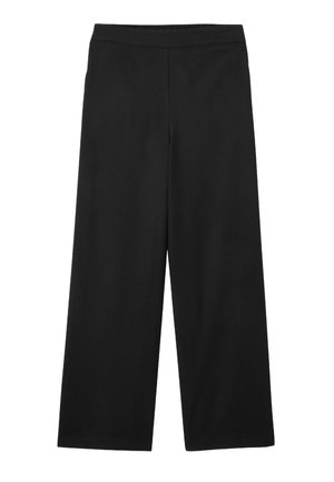 Pantalons larges noirs avec une taille plate, coupe droite, et sans fermetures ou poches visibles.