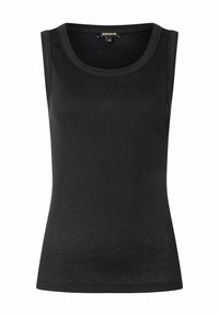 Schwarzes ärmelloses Tanktop aus geripptem Stoff, mit rundem Ausschnitt undfigürlichem Schnitt, glatte Textur ohne sichtbare Muster.