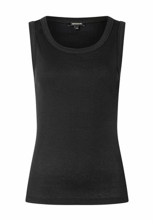 Schwarzes ärmelloses Tanktop aus geripptem Stoff, mit rundem Ausschnitt undfigürlichem Schnitt, glatte Textur ohne sichtbare Muster.